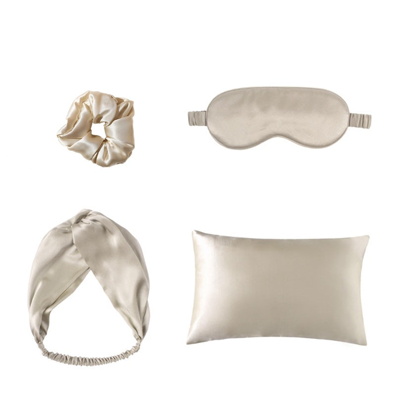 Champagne satin sleep set with eye mask, pillowcase, scrunchie and headband